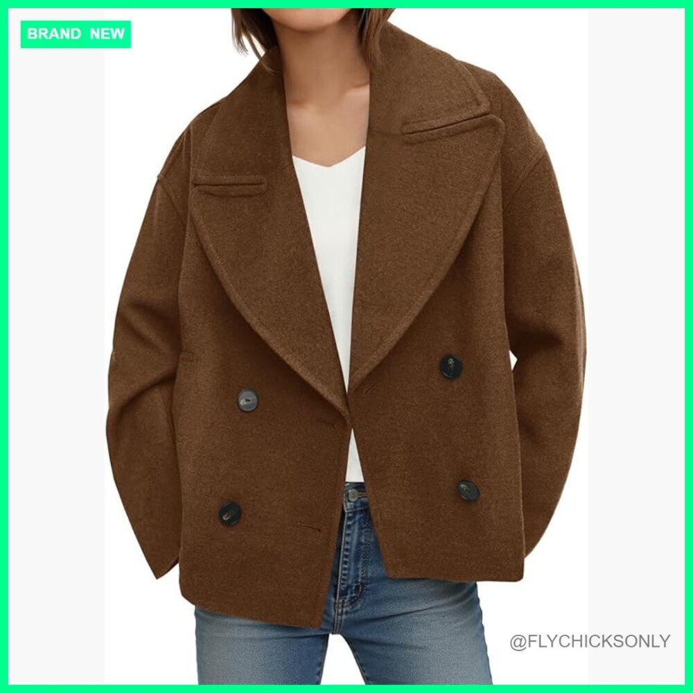 Cropped Wool Blend Pea Coat Double Breasted Notched Lapel Overcoat